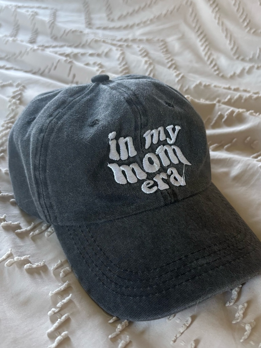 Washed Black Baseball Cap with "in my mom era" Embroidery